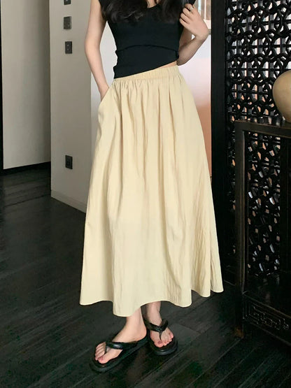 vmtvr Korean Fashion Women Wrinkle Skirt Harajuku High Waist A Line Mid Calf Skirt Summer Preppy Style Elegant Pockets Skirt New