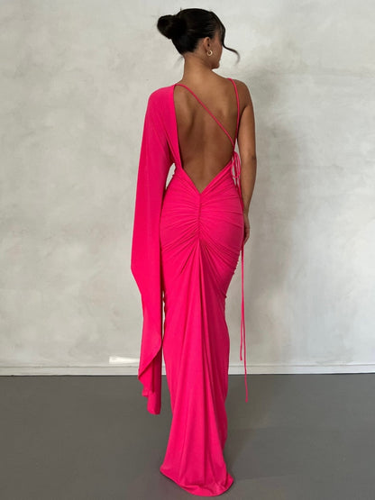 Rose Red Backless Maxi Dress Women Sexy Ruched Evening Party Dresses Fashion Elegant One Shoulder  Slim Long Summer Dress