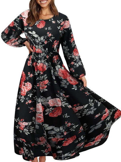 vmtvr - Elegant Floral Print Women Dress Spring Summer Casual O Neck Long Sleeve Chiffon A Line Long Maxi Dress Party Vestidos