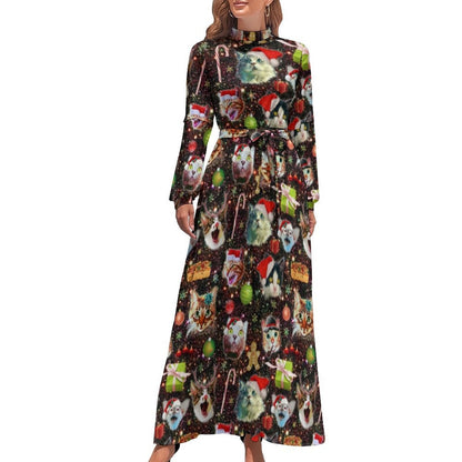 vmtvr - Cute Cats Print Dress Funny Animal Elegant Printed Maxi Dress High Waist Long-Sleeve Street Fashion Bohemia Long Dresses