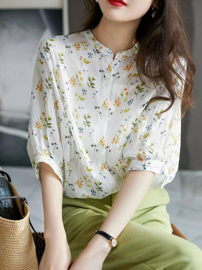 vmtvr Fashion Sweet Women Floral Blouse Japan Beach Elegant Puff Sleeve Top Casual O Neck Buttons Summer Female Casual Shirt New