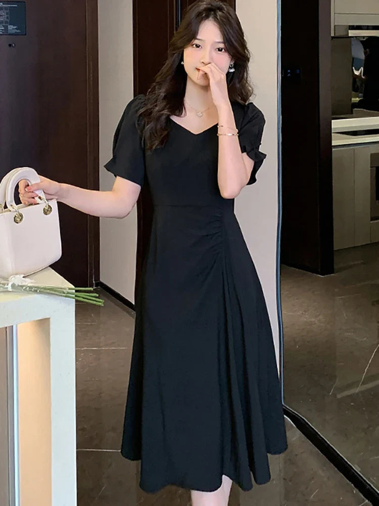 vmtvr Summer Pink Puff Sleeve Square Collar Midi Dresses Women Korean Vintage Hepburn Dress 2024 Black Dresses for Official Occasions