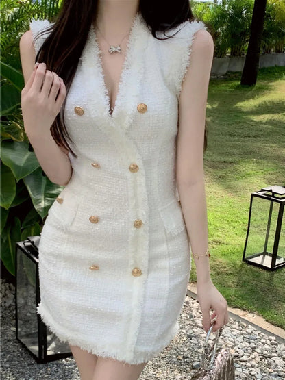 vmtvr  -  High Quality Korean Fashion Casual Small Fragrance Tweed Dresses Women French Vintage Woolen Summer Dress Elegant Party Vestidos