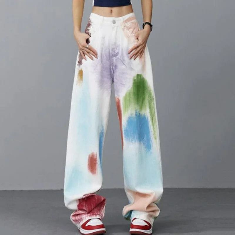 vmtvr Hip Hop Y2k Women Playful Graffiti Jeans Spring Summer New Contrast Oversized Harajuku Streetwear Fashion Casual Wide Leg Pants