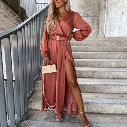 Sexy Wrap V-Neck Waist Maxi Beach Dress New Solid Pleated Slit Cocktail Party Dress Long Sleeve Lace Up Slim Women Elegant Dress