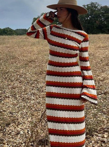 Women Elegant Striped Backless Knitted Maxi Dress Female Flare Long Sleeve O Neck Dresses  Summer Female Casual Vestidos