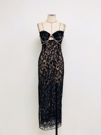 Sexy V Neck Diamonds Straps Lace Bodycon Long Dress Women Elegant Black Sleveless Cutout Designer Dress Party Club Evening Dress