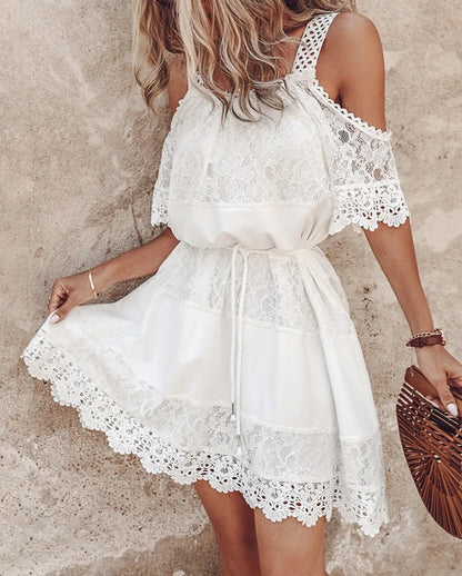 vmtvr Vintage Lace Summer Dress Cold Shoulder Half Sleeve Loose Crochet Embroidery Lace Stitching A Line Mini Dress Female Clothing