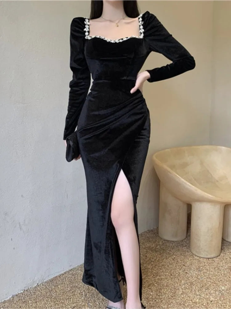 vmtvr  -  Bodycon Sexy Party Dresses Women Winter Black Evening Elegant Long Dress Ladies France Vintage Split Fishtail Vestidos Autumn