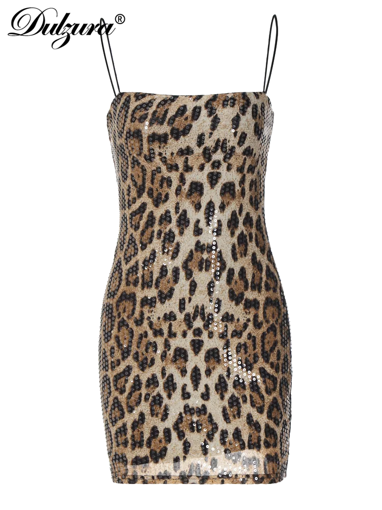 - Leopard Print Spaghetti Shoulder Strap Square Collar Mini Dress Sparkly Sequins  Summer Women Party Club Y2K Clothes