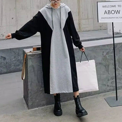 vmtvr Autumn New Loose Color Block Hoodie Dress Drawstring Patchwork Long Sleeve Pregnant Women Casual Versatile Straight Dresses