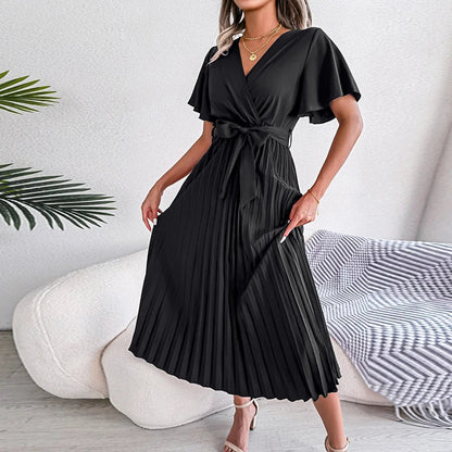 vmtvr Fashion Ladies V-neck Short Sleeved Commuting Dress Spring Summer Loose Lace Up Pleats Dress Casual Party Long Dresses Vestidos