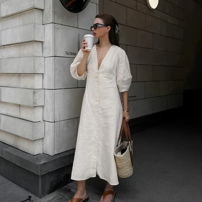 vmtvr  -  Original V-neck Cotton Linen Backless Dress Spring and Summer Women's Casual Loose Waist Bubble Sleeves A-line Sling Beach Dress