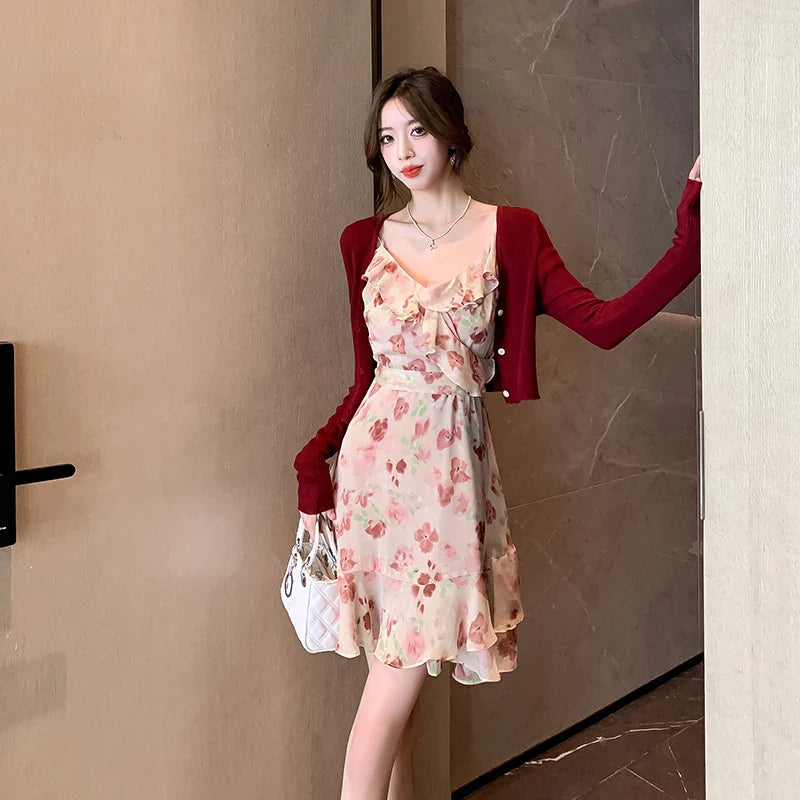 vmtvr 2024 Pink Floral Chiffon Chic Ruffled Sling Dress Women Elegant Casual Beach Dress Sets Summer Korean Fashion Casual Party Dress