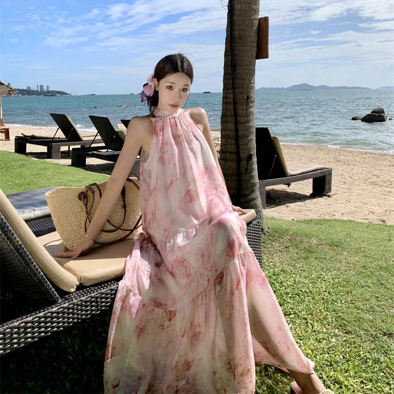 vmtvr O-Neck Elegant Women Summer Loose Dress Vacation Pink Floral Fairy Lolita Dresses Popular Bow Long Grunge Sleeveless Robe 2024