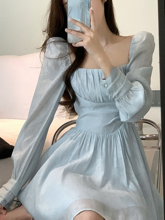 vmtvr - 2023 Summer Pure Color Long Sleeve Office Lady Dress Outwear Beach Style Y2k Mini Dress Women Elegant One Piece Dress Korean