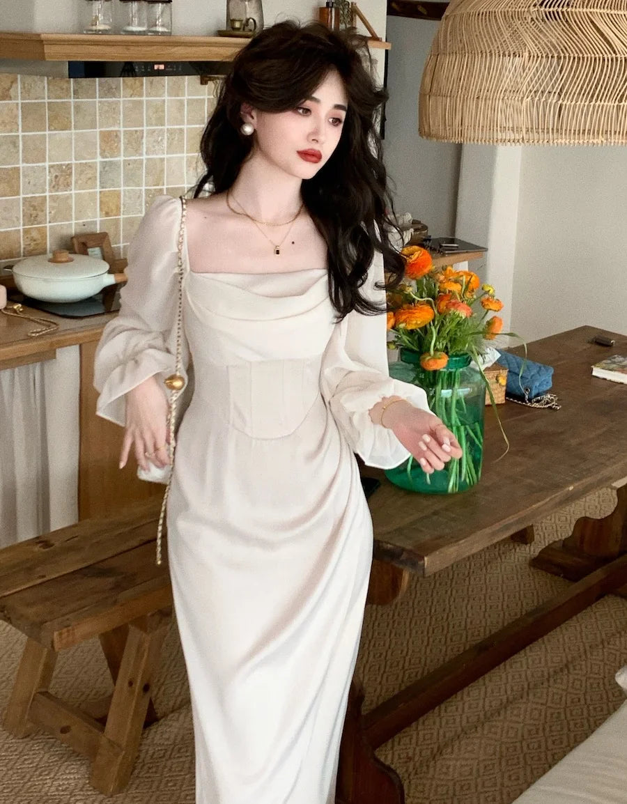 2024 Solid Elegant Fairy Dresses Women Casual Party Fashion Korean One Piece Dress Female Lace Vintage Chic Midi Dresses