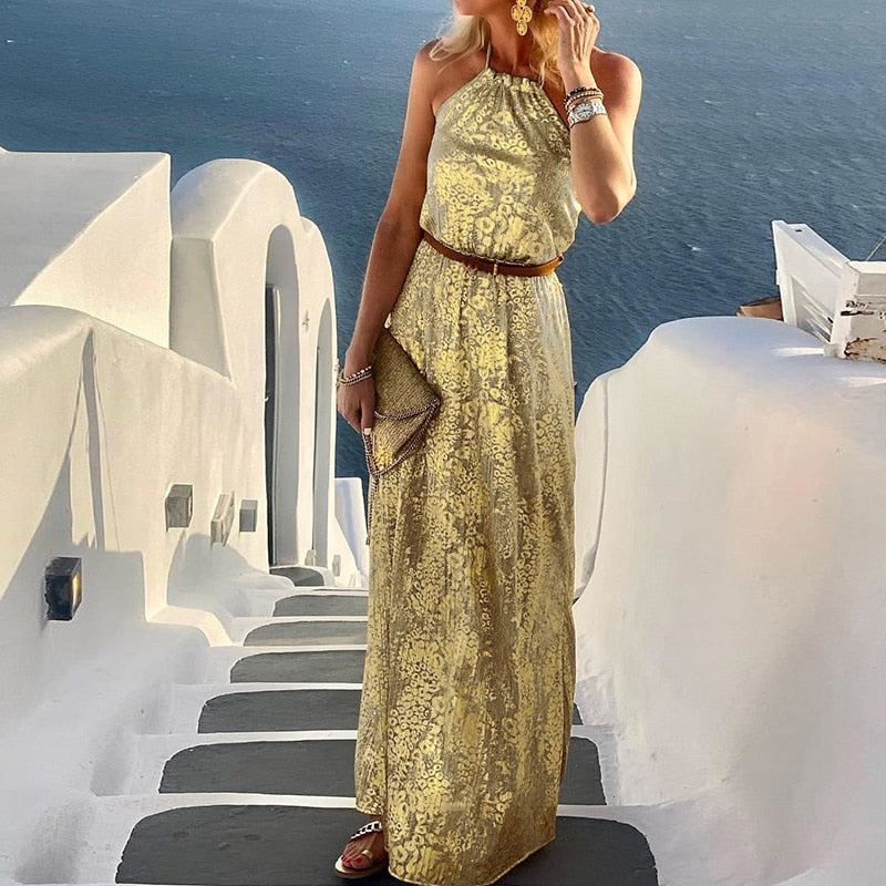 vmtvr - Beach Style Lady Casual Sleeveless Long Dress Streetwear Women Halter Backless Print Dress Loose Off Shoulder Summer Maxi Dress