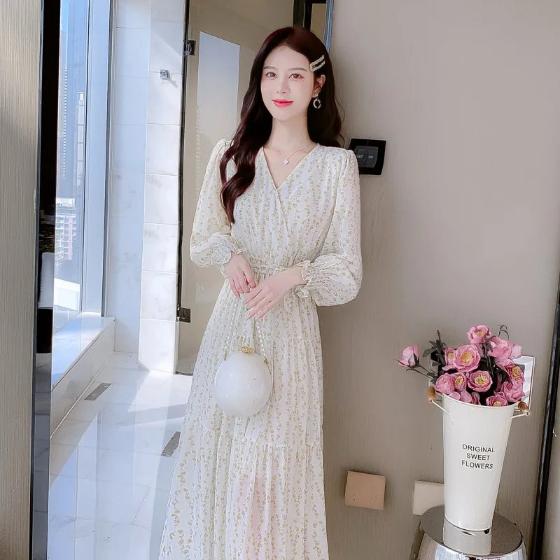 vmtvr New Spring Summer Fashion Print Midi Dresses for Women Long Sleeved V-neck Party Birthday Slim Cute Sweet Fairy Dress Korean