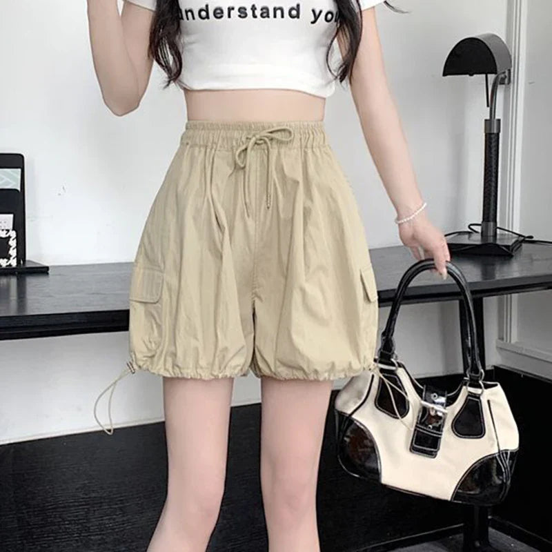 vmtvr Streetwear Women Cargo Shorts Summer Fashion Drawstring Loose Wide Leg Pants Y2K Casual Pockets Female Lantern Shorts New