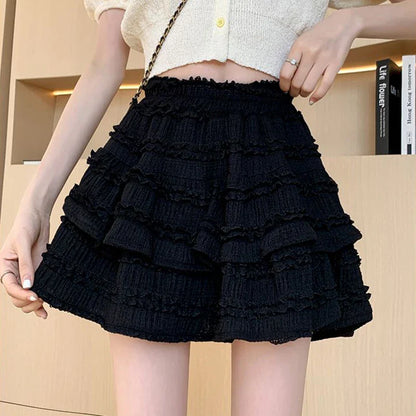 vmtvr Sweet Cute Lace Mini Skirt Women Kawaii White Ruffles Pleated Skirts Summer Korean High Waist Black Casual A Line Skirt