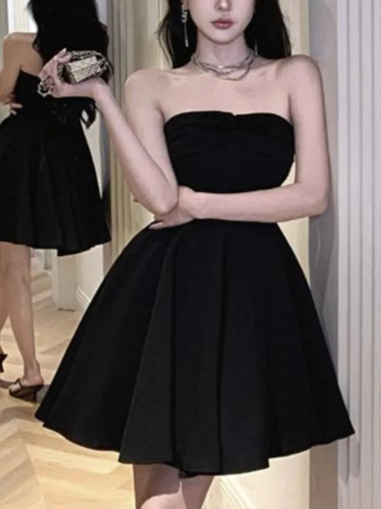 vmtvr New Summer Elegant Strapless Short Dress Women High Waist A-line Korean Chic Evening Party Dresses Prom Black One Piece Vestido