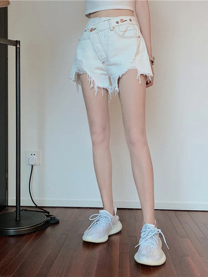 vmtvr Irregular Design Women Denim Shorts High Waist Summer Y2k Jeans Summer High Waist Tassel Cross Light Blue Female Shorts