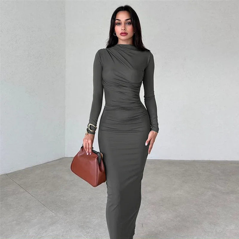 vmtvr Autumn Elegant Ruched Long Bodycon Dress Fashion Outfits for Women Club Party Slinky Sexy Dresses Birthday Robes