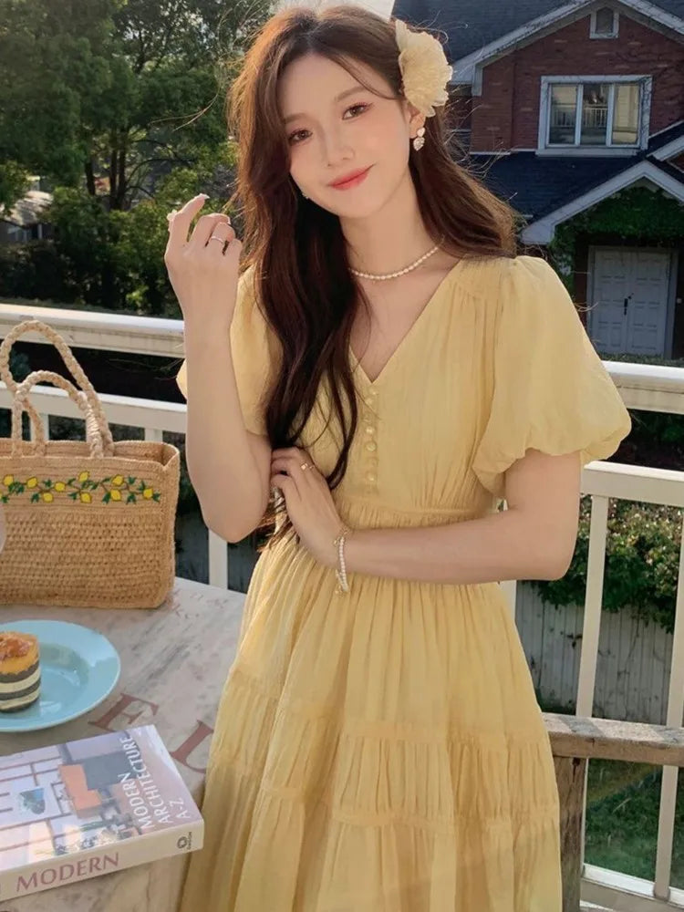 vmtvr Women Dress French Puff Sleeve Vintage V-neck Yellow Vestidos A-line Female Robe Summer Elegant Slim Waist Lady Chic Clothing