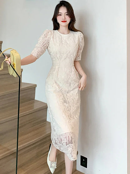 vmtvr Summer White Lace Hook Flower Hollow Midi Dress Women Fashion Chic Luxury Party Evening Dress 2024 Korean Vintage Festival Dress