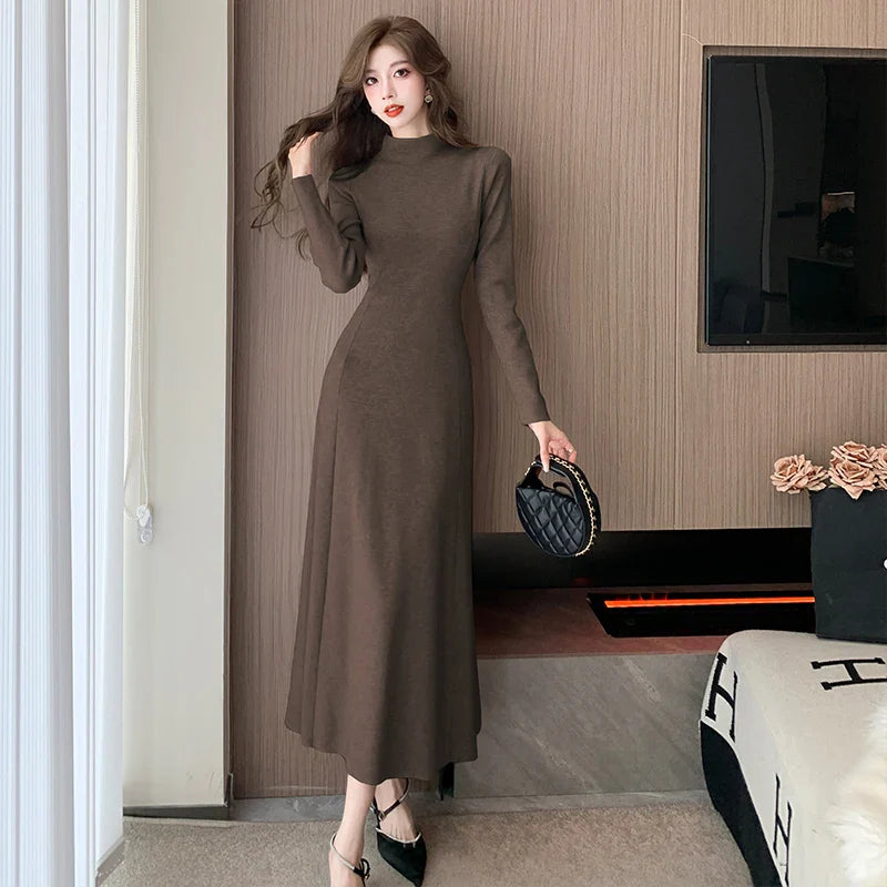 vmtvr New Vintage Knitted Sweater Midi Dresses for Women New Autumn Winter Half High Collar Thickened Elastic Ladies Slim Dress