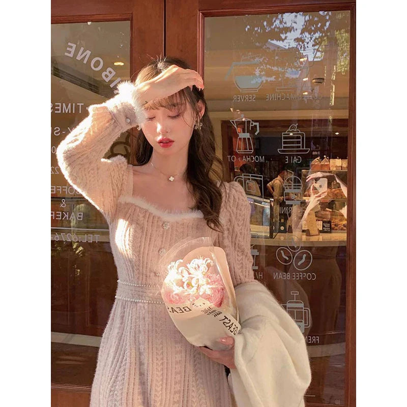 vmtvr  -  Sweet Lolita Elegant Dress Women Kawaii Vintage Korean Fashion Long Sleeve Casual Office Ladies Autumn Winter Warm Midi Dresses