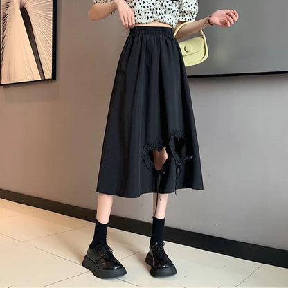 vmtvr Y2K Women Love Hollow Out Skirts Korean Streetwear Bow Black A Line Skirts Summer All Match Female High Waist Midi Skirts New