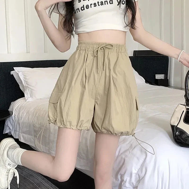 vmtvr Streetwear Women Cargo Shorts Summer Fashion Drawstring Loose Wide Leg Pants Y2K Casual Pockets Female Lantern Shorts New