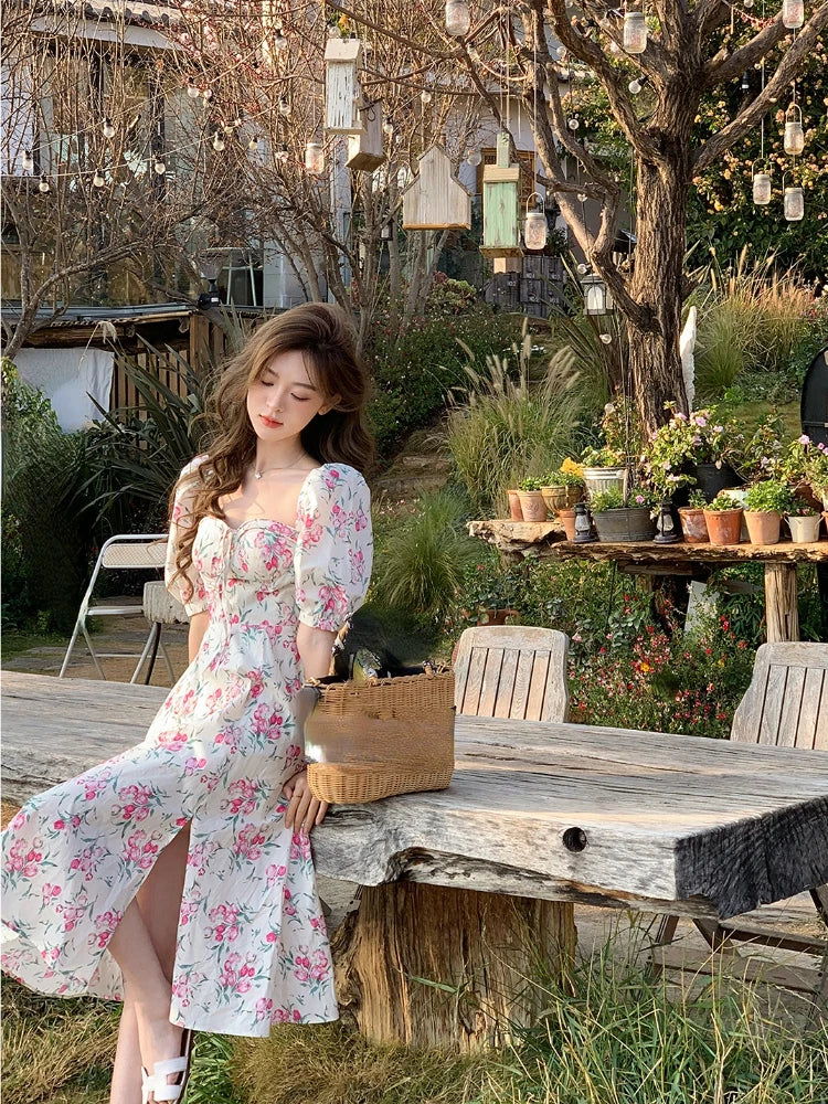 vmtvr Summer Vintage Floral Midi Dress Woman Beach Style Korean Fashion Elegant Party Dress Casual  Princess Fairy Dress Designer