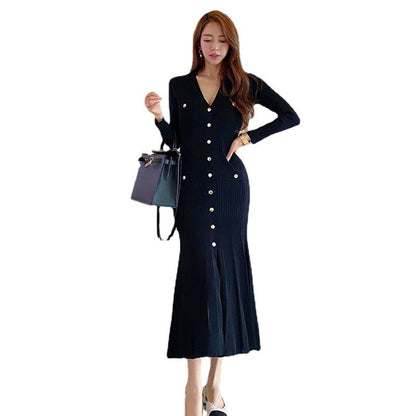 Vintage Korean Maxi Dresses for Women Party Long Sleeve V-neck Mermaid Dress Elegant Fashion Ladies Vestidos Femme Autumn