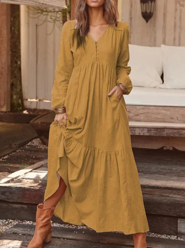 vmtvr  -  Autumn and Winter Women's Clothing V-Neck Button Cotton Linen Retro Casual Long Sleeves Large Swing Long Dresses