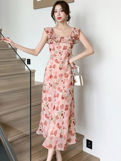 vmtvr Korean Fashion Floral Chiffon Ruffled Sling Long Dress Women Summer Elegant Casual Holiday Beach Dress 2024 Chic Luxury Vestidos