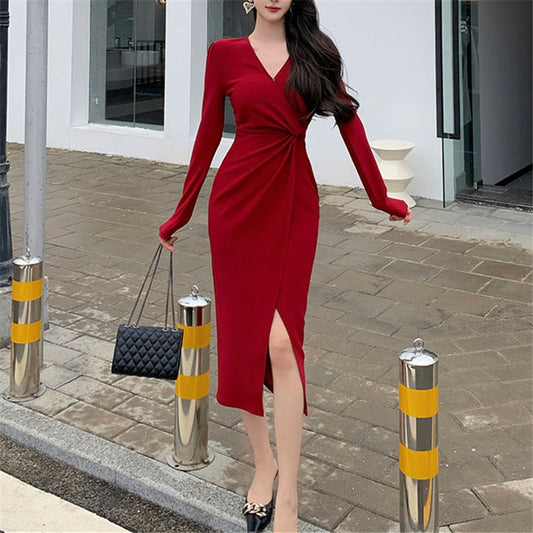 New Autumn Fashion Vintage Elegant Knitted Red Dresses for Women 2023 V-neck Long Sleeved Office Lady Slim Prom Evening Dresses