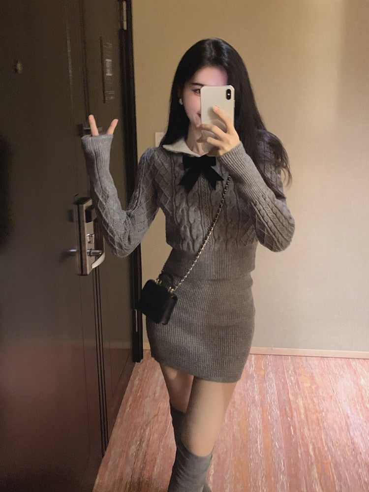 vmtvr - Autumn Kawaii Knitted Two Piece Set Women Casual Bow Sweet Mini Skirt Suit Female Korean Fashion Warm Elegant Sweater Set