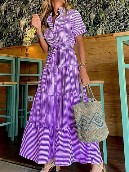 Women Elegant Striped Short Sleeve Maxi Dress New Fashion Lace-Up Belt Party Dress Sexy Loose Hem Shirt Long Dress Vestidos