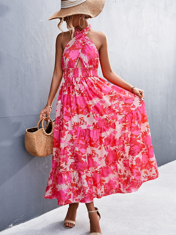 Summer Cross Halter Long Dress Women Backless Print Floral Maxi Dress Sleeveless Fashion High Waist Dress Female Patchwork Dress