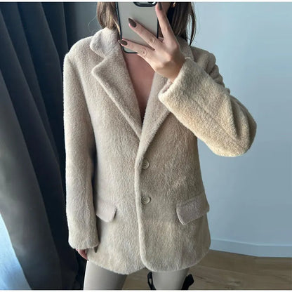 vmtvr Winter Warm Plush Lapel Button Pocket Jacket Lady Fashion Turn Down Collar Long Sleeve Coat Women Elegant Commute Outercoat