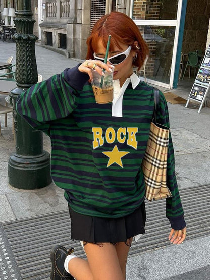 Harajuku Green Stripe Star Print Loose Women's Sweatshirt Preppy Autumn Pullover Tops Korean Clothes Sweat Shirts Y2K