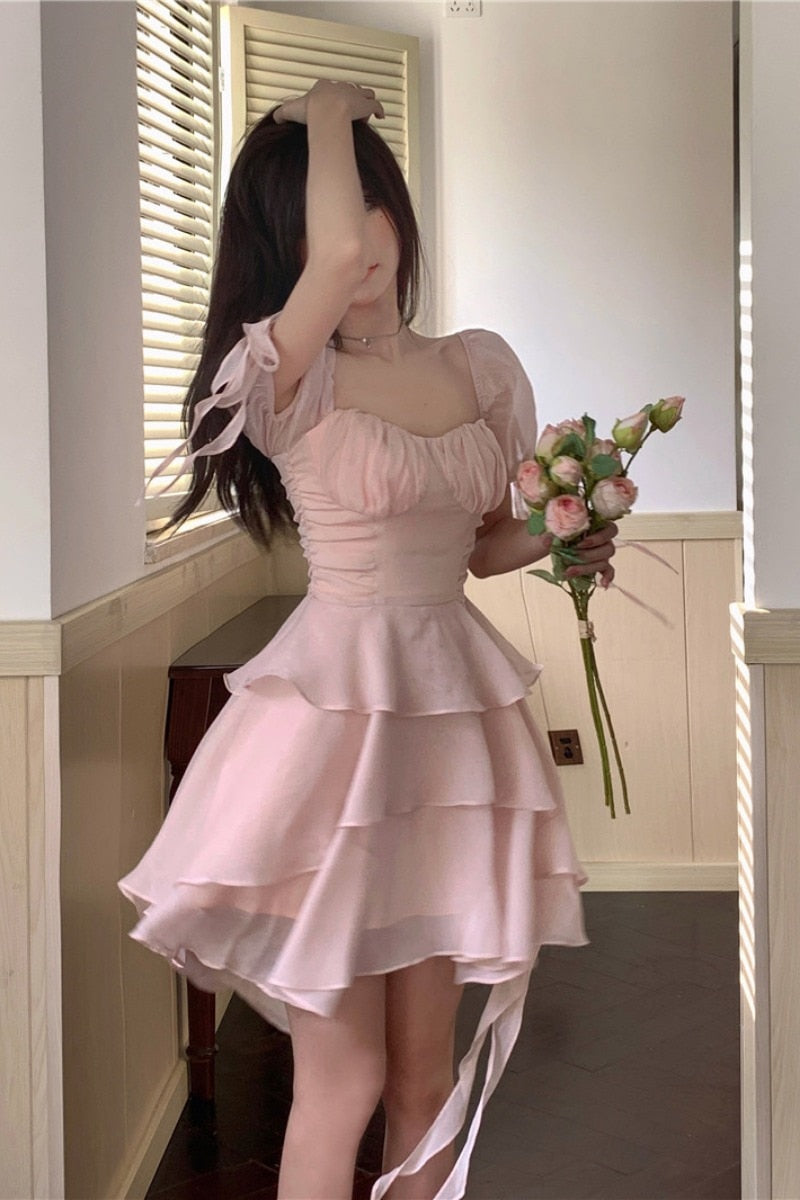 vmtvr Pink Kawaii France Style Short Dress Women Elegant Evening Party Midi Dresses Cute Sweet Puff  Sleeve Clothing