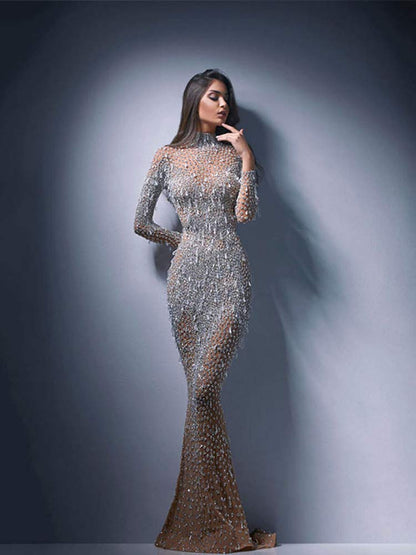 vmtvr - Elegant Women Turtleneck Mesh Sequin Fishtail Dresses Female Luxury Bodycon Sexy Long Sleeve Lady Evening Cocktail Prom Dress