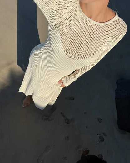 vmtvr Elegant Hollow Out Knit Maxi Dress for Women  Summer Beachwear Holiday Long Sleeve Cover-Ups Long Dresses