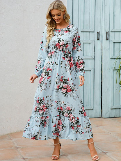 vmtvr - Elegant Floral Print Women Dress Spring Summer Casual O Neck Long Sleeve Chiffon A Line Long Maxi Dress Party Vestidos