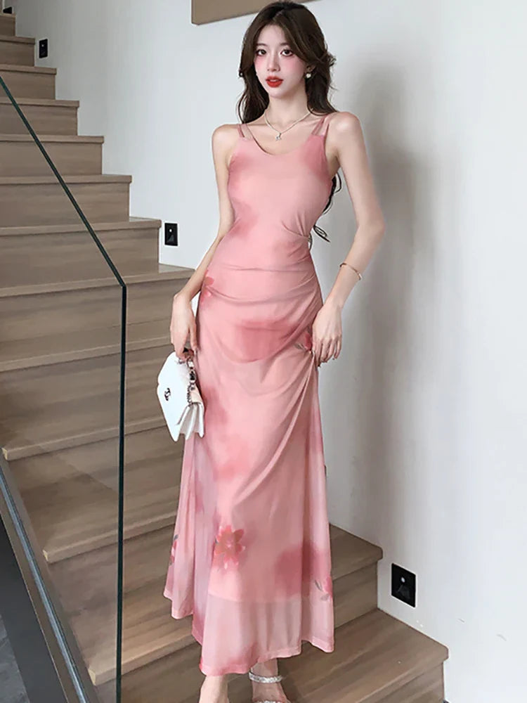 vmtvr 2024 Korean Vintage Luxury Dance Party Long Dress Summer Pink Floral Chif Sling Sexy Dresses Women Elegant Bodycon Vestidos Prom