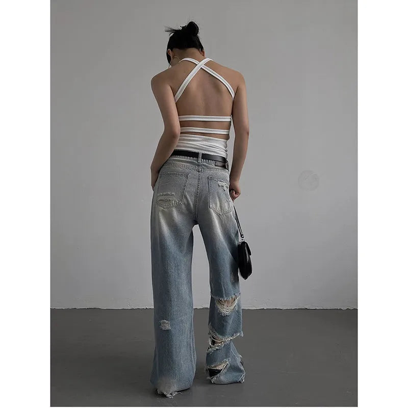 vmtvr Blue Low Waist Women's Jeans Vintage American Fashion Wide Leg Jean Worn-out Y2K Female Denim Trouser Baggy Summer Denim Pants